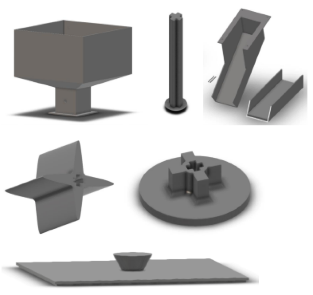 Fusion 360 render of the 3D-printed components: square hopper, dispensing part, feed chute and servo mount.