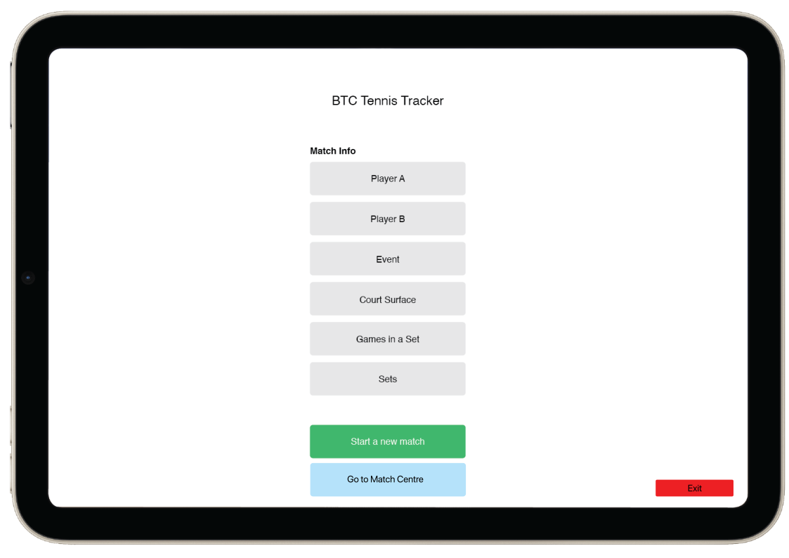 iPad mockup of the ShotSpot loading screen, titled BTC Tennis Tracker, with a Match Info column of fields for Player A, Player B, Event, Court Surface, Games in a Set and Sets, above green Start a new match and blue Go to Match Centre buttons.